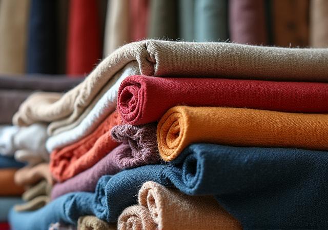 積み重ねられた多様な高級生地のロール