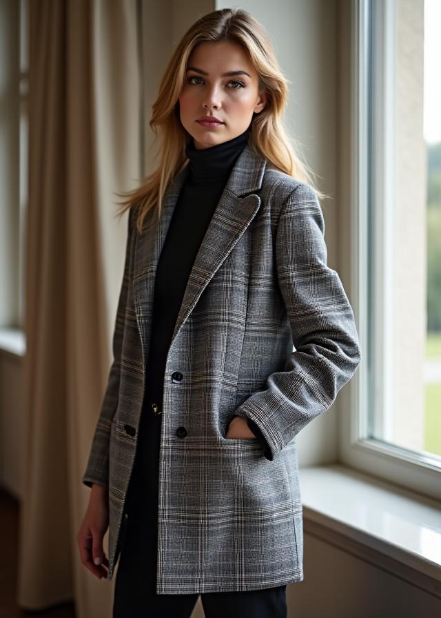 窓辺に立つモデルが着用するグレンチェックのジャケット