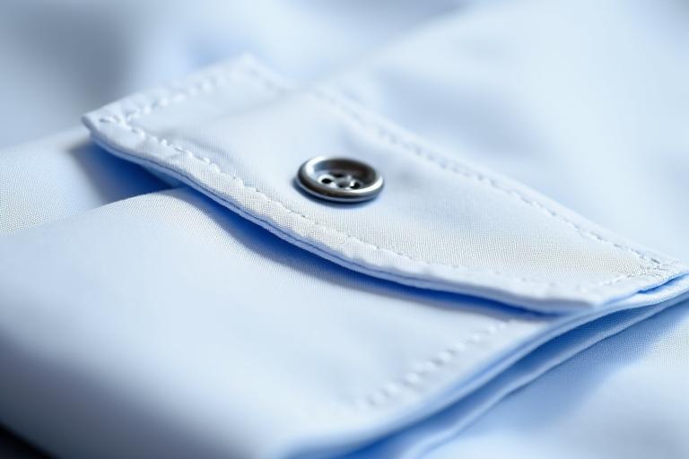 手縫いのボタンホールとシャツの襟元のディテール