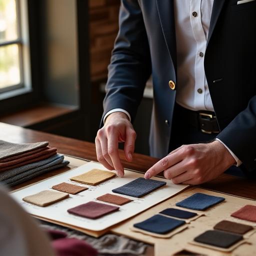 顧客と生地を選ぶコンサルテーション風景